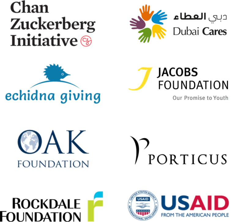 Logos of Education.org's co-investor collective: Chan Zuckerberg Initiative, Dubai Cares, Echidna Giving, Jacobs Foundation, Oak Foundation, Porticus, Rockdale Foundation, USAID
