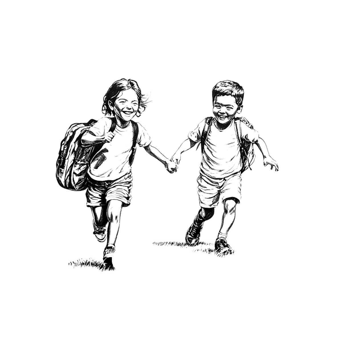 Two children holding hands while running